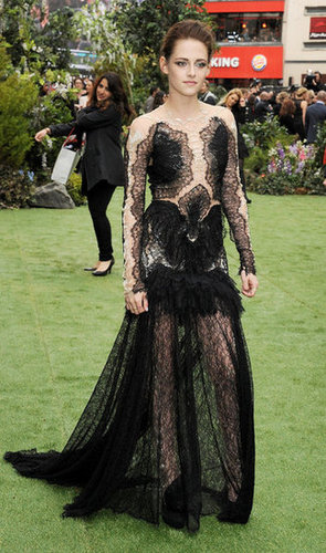 Kristen's Marchesa gown featured sheer insets at the sleeves and bodice and a lacy, see-through skirt.
Kristen's Marchesa gown featured sheer insets at the sleeves and bodice and a lacy, see-through skirt.