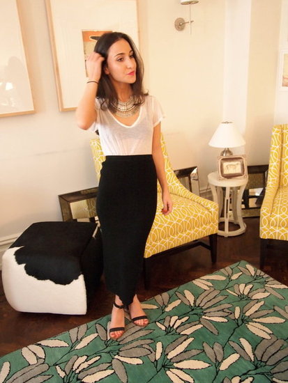 Statement Necklace (made out of vintage coins); the black and white outfit showcases the necklace and a neon pink lip adds a great pop of color. 