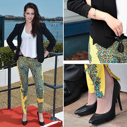 Pictures of Kristen Stewart in Balenciaga Printed Pants at the On The Road Photocall at the 2012 Cannes Film Festival