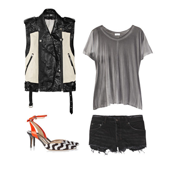 For a night out with the girls, show your tough-chic edge with a pair of black denim cutoffs and a swishy jersey tee topped with a two-toned leather vest. Add printed pumps with a hint of color for a laid-back yet totally edgy ensemble.
Get the look:
Karl by Karl Lagerfeld Ossie Two-Tone Leather Biker Vest ($675)
Clu Printed Jersey T-Shirt ($115)
Ksubi Alberceque Cut-Off Denim Shorts ($160)
Nicholas Kirkwood Patent Leather and Satin Slingbacks ($750)
For a night out with the girls, show your tough-chic edge with a pair of black denim cutoffs and a swishy jersey tee topped with a two-toned leather vest. Add printed pumps with a hint of color for a laid-back yet totally edgy ensemble.
Get the look:
Karl by Karl Lagerfeld Ossie Two-Tone Leather Biker Vest ($675)
Clu Printed Jersey T-Shirt ($115)
Ksubi Alberceque Cut-Off Denim Shorts ($160)
Nicholas Kirkwood Patent Leather and Satin Slingbacks ($750)