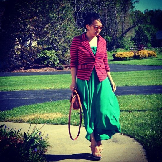 Striped blazer and asymmetrical dress