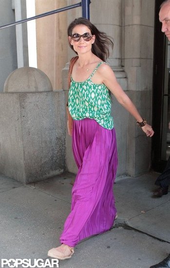 Katie Holmes stepped out in NYC wearing a long purple skirt. Katie Holmes stepped out in NYC wearing a long purple skirt.