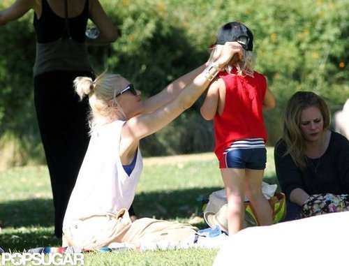 Gwen Stefani put Zuma's hat on him while they hung out in an LA park.
Gwen Stefani put Zuma's hat on him while they hung out in an LA park.