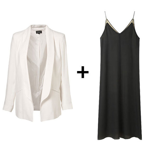 We love the effect of menswear-inspired pieces (like this minimalist tuxedo blazer) styled with overtly girlie wares. For a sleek, albeit supereasy, cocktail-perfect attire, try pairing a slinky black slipdress with a structured white topper.
Get the Look:
Topshop Drape Longline Blazer ($130)
T by Alexander Wang Slip Dress ($295)
We love the effect of menswear-inspired pieces (like this minimalist tuxedo blazer) styled with overtly girlie wares. For a sleek, albeit supereasy, cocktail-perfect attire, try pairing a slinky black slipdress with a structured white topper.
Get the Look:
Topshop Drape Longline Blazer ($130)
T by Alexander Wang Slip Dress ($295)