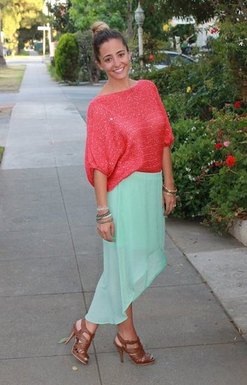 Mint Zara Hi Low Skirt. Coral Sequin Sweater. Cognac Braided Heels. Ombre Hair in a Bun.