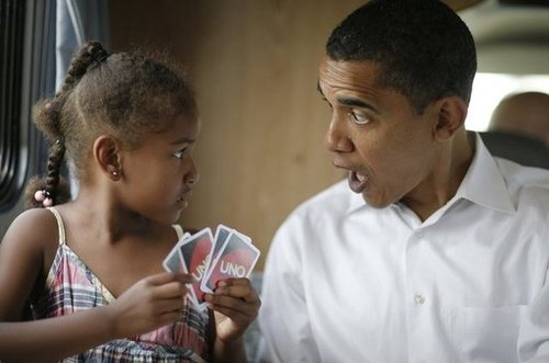 Sasha and her dad, then just a presidential candidate, played cards on the campaign trail in 2007.
Sasha and her dad, then just a presidential candidate, played cards on the campaign trail in 2007.