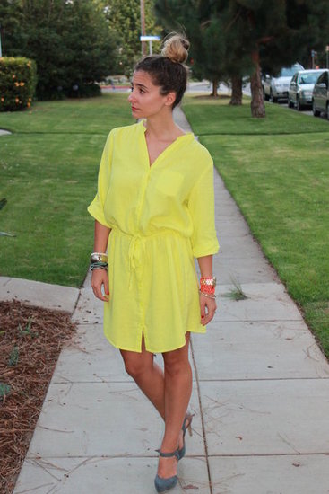 Neon Yellow Dress. Old Navy Neon Yellow Linen Dress. Two Toned Mary Jane Pumps from Sole Society. 
