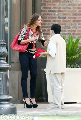 Sofia Vergara Bares a Baby Bump in a Bra on Set Sofia Vergara Bares a Baby Bump in a Bra on Set