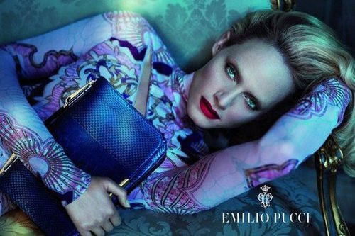 Amber Valletta looks dreamy in shades of blues and purples in Emilio Pucci.
Amber Valletta looks dreamy in shades of blues and purples in Emilio Pucci.