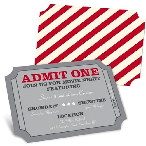 Set the tone by alerting guests with these Movie Night Invitations ($14 for eight).
Set the tone by alerting guests with these Movie Night Invitations ($14 for eight).