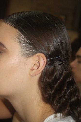 Bobby pins never really go away, but they were used as a major accent at Thakoon. "If they exist for a million years, there is a reason," Gilbert said. "The barrettes represent the cage. And it could be a wedding look if you add flowers or a veil."
Bobby pins never really go away, but they were used as a major accent at Thakoon. "If they exist for a million years, there is a reason," Gilbert said. "The barrettes represent the cage. And it could be a wedding look if you add flowers or a veil."