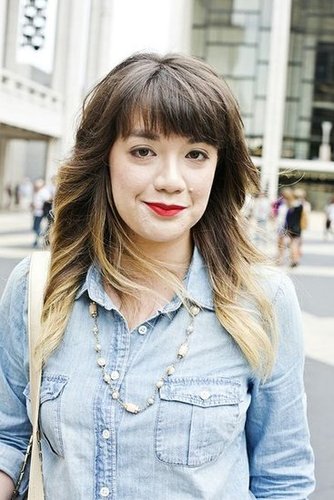 A heavy bang gave balance to an ombré color job, and the orange-red lip color made this look twice as nice.
Photo by Caroline Voagen Nelson
A heavy bang gave balance to an ombré color job, and the orange-red lip color made this look twice as nice.
Photo by Caroline Voagen Nelson