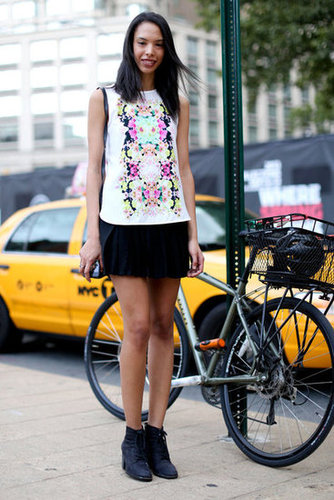 This printed top gave a black miniskirt and booties a girlie twist.
This printed top gave a black miniskirt and booties a girlie twist.