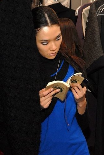 A Lyn Devon model read prior to the designer's Fall 2007 show during Mercedes-Benz Fashion Week.
A Lyn Devon model read prior to the designer's Fall 2007 show during Mercedes-Benz Fashion Week.