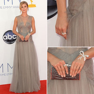 Pictures of Revenge Star Emily VanCamp in Grey Tulle J Mendel Dress on the red carpet at the 2012 Emmy Awards
