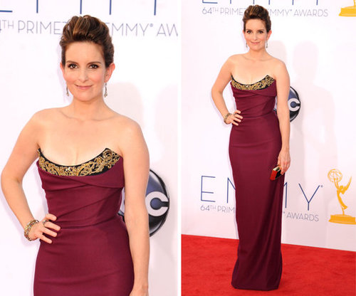 Pictures of Tina Fey in Burgundy Vivenne Westwood dress on the red carpet at the 2012 Emmy Awards
