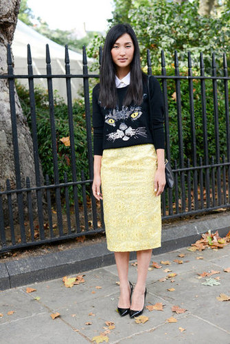 You can play up your eclectic side, even in the most ladylike of pieces. Case in point: a cat-faced sweater set paired with a prim eggshell-yellow pencil skirt.
You can play up your eclectic side, even in the most ladylike of pieces. Case in point: a cat-faced sweater set paired with a prim eggshell-yellow pencil skirt.