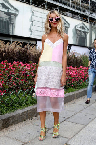 Quirky pink shades offset a pretty, pastel colorblocked slip dress.
Quirky pink shades offset a pretty, pastel colorblocked slip dress.