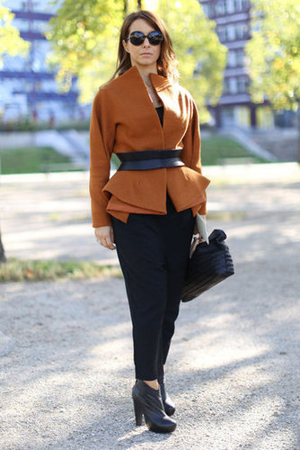 An architectural jacket livened up basic black trousers.
An architectural jacket livened up basic black trousers.
