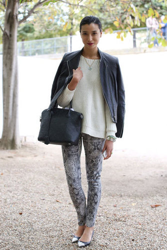 A chunky knit played opposites against skinny-print bottoms and cap-toe heels.
A chunky knit played opposites against skinny-print bottoms and cap-toe heels.