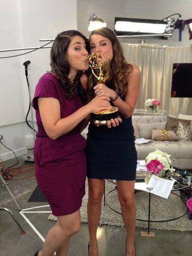 BuzzSugar's Becky Kirsch, in 3.1 Phillip Lim, and PopSugar's Molly Goodson, in Rag & Bone, kissed an Emmy for good luck before going live.
BuzzSugar's Becky Kirsch, in 3.1 Phillip Lim, and PopSugar's Molly Goodson, in Rag & Bone, kissed an Emmy for good luck before going live.