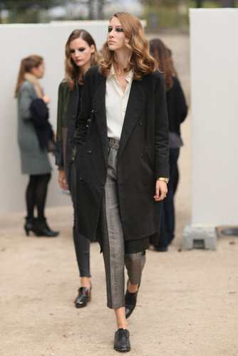 Flat oxfords and a cropped trouser silhouette play to the borrowed-from-the-boys trend.
Flat oxfords and a cropped trouser silhouette play to the borrowed-from-the-boys trend.