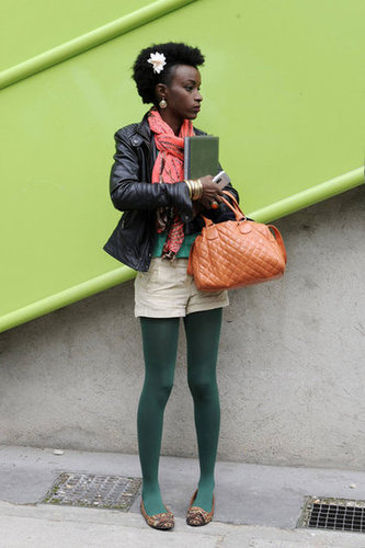Green tights were the statement-making layer in this look.
Green tights were the statement-making layer in this look.
