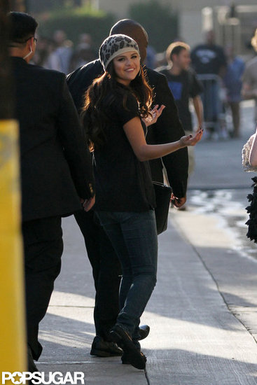 Selena Gomez had a smile on her face on the way to her appearance on Jimmy Kimmel. Selena Gomez had a smile on her face on the way to her appearance on Jimmy Kimmel.