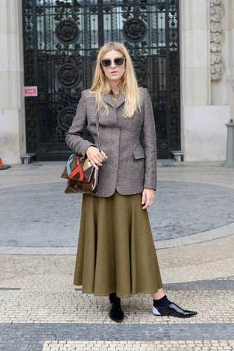 This more conservative mix got a touch of the trends via her patent brogues.
This more conservative mix got a touch of the trends via her patent brogues.