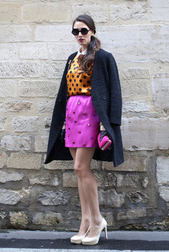 A bejeweled miniskirt upped the ante on a playful polka-dot blouse.
A bejeweled miniskirt upped the ante on a playful polka-dot blouse.