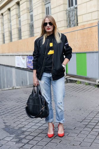 A sporty topper gave cool-girl edge to red pumps and a Givenchy satchel in this mix-up.
A sporty topper gave cool-girl edge to red pumps and a Givenchy satchel in this mix-up.