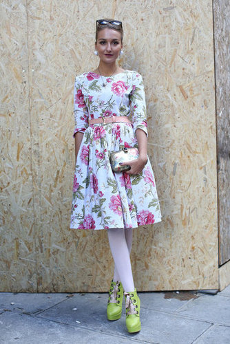Her florals got a high-wattage update with lime-green lace-up booties.
Her florals got a high-wattage update with lime-green lace-up booties.