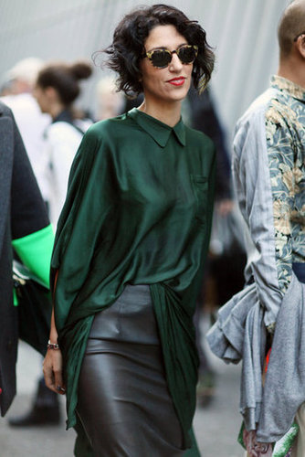A collared emerald green blouse sweetens the deal on a leather pencil skirt.
A collared emerald green blouse sweetens the deal on a leather pencil skirt.