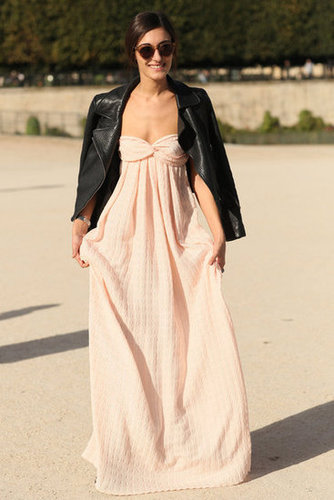 We love the juxtaposition here between the soft, petal-pink strapless and a tough-girl leather jacket.
We love the juxtaposition here between the soft, petal-pink strapless and a tough-girl leather jacket.