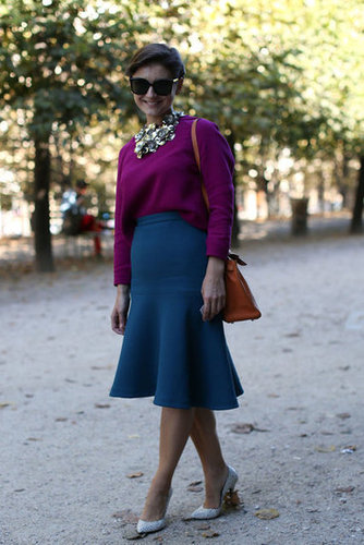 We love how this fluted skirt furthers the femininity of her floral metallic necklace.
We love how this fluted skirt furthers the femininity of her floral metallic necklace.