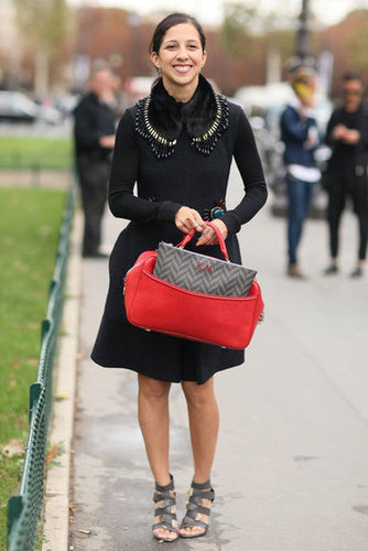 This look got a boost with a host of beautiful accessories — a brilliant red bag and an embellished collar were the stars.
This look got a boost with a host of beautiful accessories — a brilliant red bag and an embellished collar were the stars.