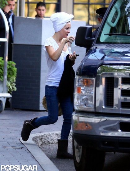Kate Hudson left her Boston hotel with her wet hair pulled up into a towel.
Kate Hudson left her Boston hotel with her wet hair pulled up into a towel.