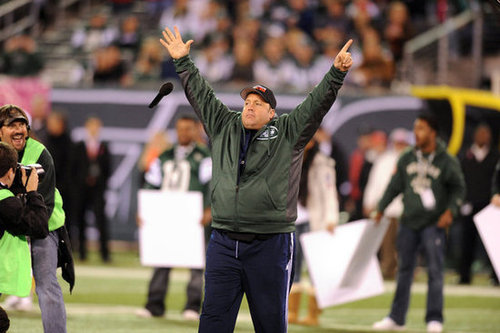 Kevin James got excited on the field at the NY Jets game in October 2012.
Kevin James got excited on the field at the NY Jets game in October 2012.