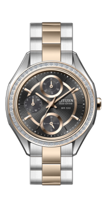 This stainless steel and rose-gold tone case and bracelet with Eco-Drive technology never needs a battery. It also features luminous hands and Swarovski Crystal Bezel. Click here to purchase.
This stainless steel and rose-gold tone case and bracelet with Eco-Drive technology never needs a battery. It also features luminous hands and Swarovski Crystal Bezel. Click here to purchase.