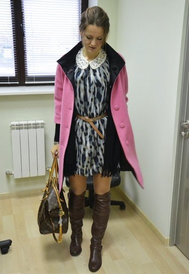 To Stay Warm in Layers: Jacket, Cape and Silk Dress, Plus Overknee Boots
