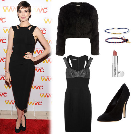 Anne Hathaway took on the Women's Media Awards in an ensemble that's easy to emulate, and even easier on the eyes. Her formfitting LBD cuts inwards at the neckline, which provides a universally flattering cut for sculpted (or nonsculpted) arms. The longer hem is appropriate for Winter festivities, but leaves enough room at the bottom to keep the calves lengthened, rather than shortened. Her look may be simple, but it's not dull. Just add a cropped fur coat (our pick is faux!), minimalistic jewelry, and a great black pump, and you're out the door.
Get the look:
Narciso Rodriguez Leather Strap Dress ($1,995)
Dorothy Perkins Black Crop Fur Jacket ($79)
Trish McEvoy Classic Lip Color Natural ($23)
Madewell Braided Friendship Bracelet ($10)
Tai Rittichai Navy String Bracelet ($45)
Casadei Leather Pump ($473)
Anne Hathaway took on the Women's Media Awards in an ensemble that's easy to emulate, and even easier on the eyes. Her formfitting LBD cuts inwards at the neckline, which provides a universally flattering cut for sculpted (or nonsculpted) arms. The longer hem is appropriate for Winter festivities, but leaves enough room at the bottom to keep the calves lengthened, rather than shortened. Her look may be simple, but it's not dull. Just add a cropped fur coat (our pick is faux!), minimalistic jewelry, and a great black pump, and you're out the door.
Get the look:
Narciso Rodriguez Leather Strap Dress ($1,995)
Dorothy Perkins Black Crop Fur Jacket ($79)
Trish McEvoy Classic Lip Color Natural ($23)
Madewell Braided Friendship Bracelet ($10)
Tai Rittichai Navy String Bracelet ($45)
Casadei Leather Pump ($473)