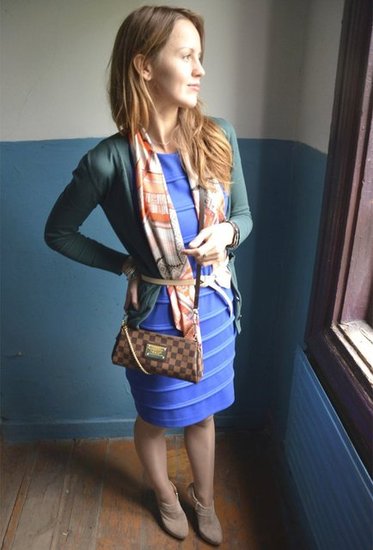 Layered dress with warm cardi and belted scarf