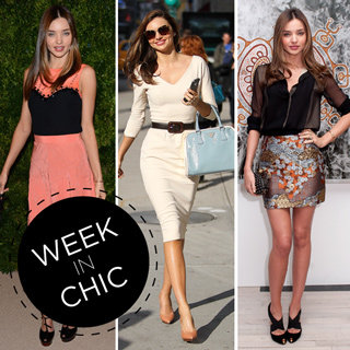 Miranda Kerr Style: White Dress, Proenza Schouler Skirt