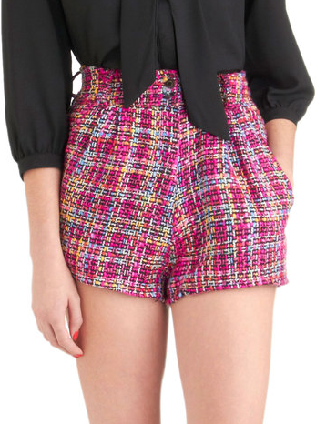 Colorful tweed is always fun, and these MinkPink tweed shorts ($70) are just that. Wear them with tights now and sandals during Summer.
Colorful tweed is always fun, and these MinkPink tweed shorts ($70) are just that. Wear them with tights now and sandals during Summer.