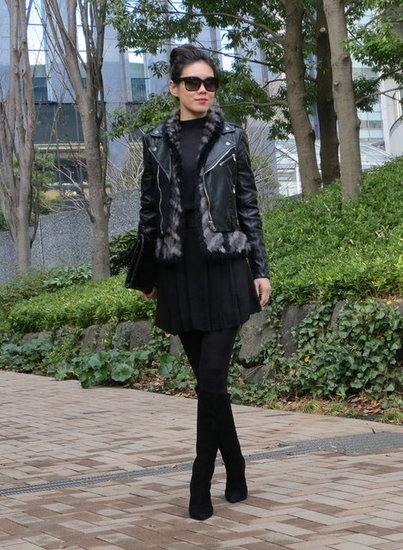 Dressing up a black dress -layering up with leather and fur for winter