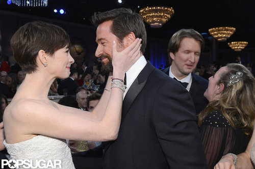 Anne Hathaway shared a moment with her Les Misérables costar Hugh Jackman inside the show.
Anne Hathaway shared a moment with her Les Misérables costar Hugh Jackman inside the show.