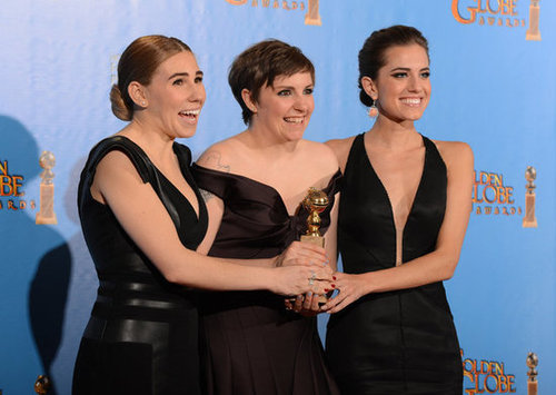 The girls of Girls posed with their Golden Globe in the press room.
The girls of Girls posed with their Golden Globe in the press room.