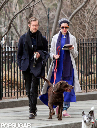 Anne Hathaway and Adam Shulman took a stroll with their dog in NYC.
Anne Hathaway and Adam Shulman took a stroll with their dog in NYC.