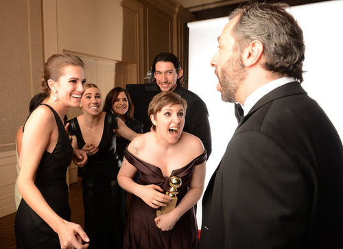 The cast of Girls showed their winning excitement with Judd Apatow in the press room.
The cast of Girls showed their winning excitement with Judd Apatow in the press room.