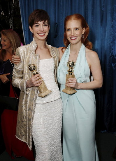 Anne Hathaway and Jessica Chastain showed off their statues at NBC's post-Globes bash.
Anne Hathaway and Jessica Chastain showed off their statues at NBC's post-Globes bash.